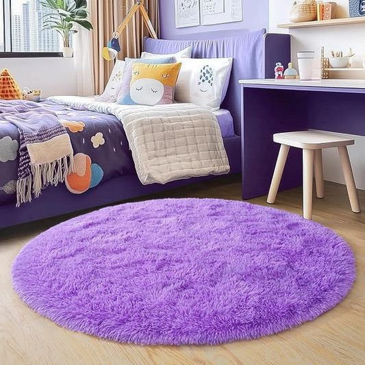 3'x3' Purple Round Rug for Bedroom, Ultra Soft Fluffy Circle Rug for Kids Girls Boys Room, Cute Small Shag Rugs for Living Room Playroom Teen Room Home Decor Rug