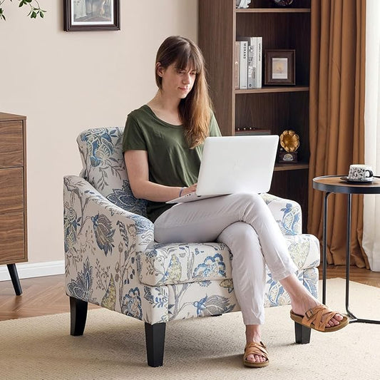 Bezseller Floral Accent Chair, Upholstered Reading Armchair with Wood Legs, Mid-Century Leisure Comfy Single Sofa Chair for Living Room, Bedroom, Home, Office, Blue Floral