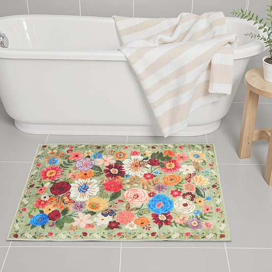 Area Rugs 24x17 Inch Home Decor Entry Rug Green, Small Door Mat Bath Mats for Bathroom, Ultra-Thin Non Slip Floral Low Pile Tub Mat for Sink Shower Doorway Tub Kitchen Sink(2 x 1.4 ft, Green Garden)