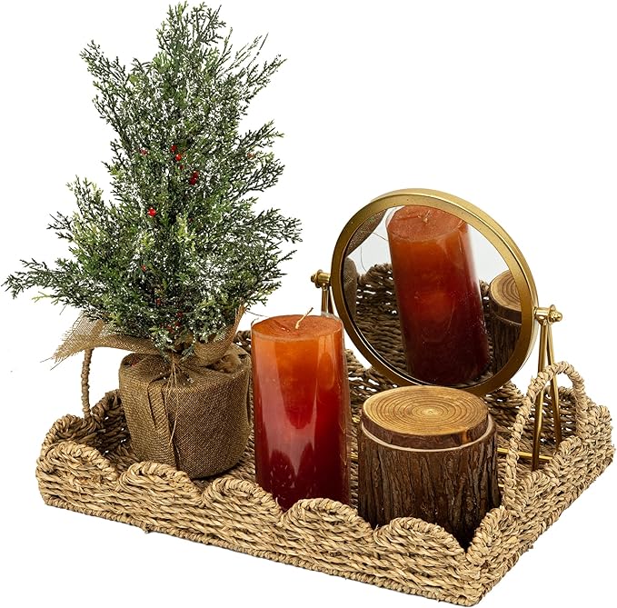 14" Handmade Wicker Tray with Scalloped Edge, Seagrass Basket with Handles, Decorative Boho Accent for Coffee Table or Ottoman, Holiday Serving