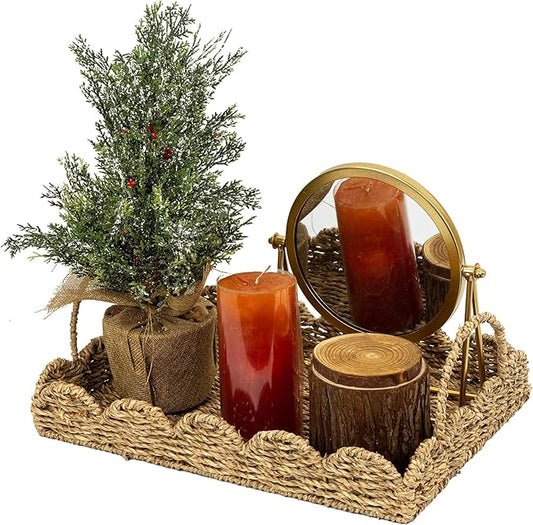 14" Handmade Wicker Tray with Scalloped Edge, Seagrass Basket with Handles, Decorative Boho Accent for Coffee Table or Ottoman, Holiday Serving