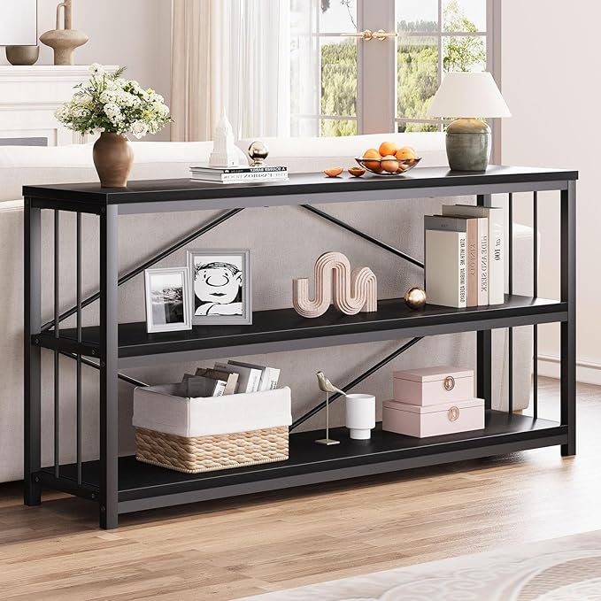 LVB Black Entryway Table, Modern Narrow Console for Hallway, Industrial Farmhouse Foyer Table with Storage Shelves, 63 Inch