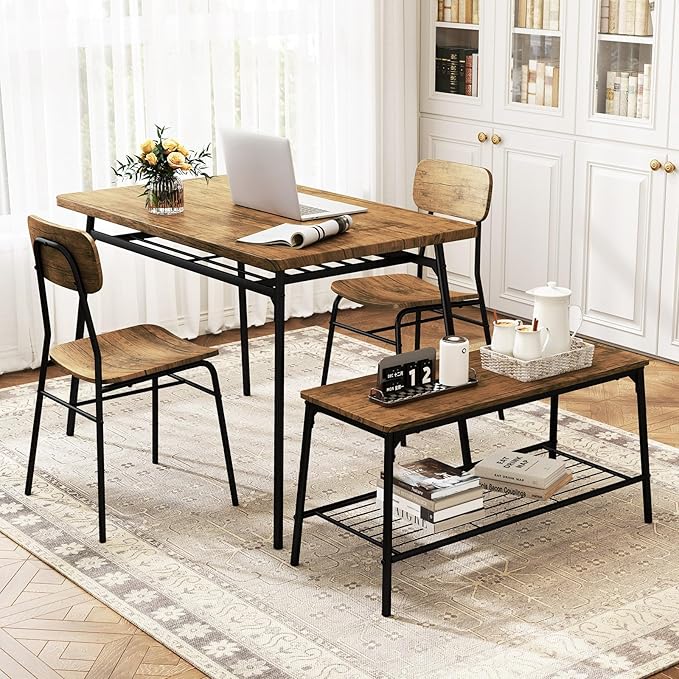 GOFLAME 4-Piece Dining Table Set for 4, Industrial Rectangular Kitchen Table with Bench and 2 Chairs, Storage Racks, Metal Frame, Space-Saving Dinette Set for Dining Room, Living Room, Breakfast Nook