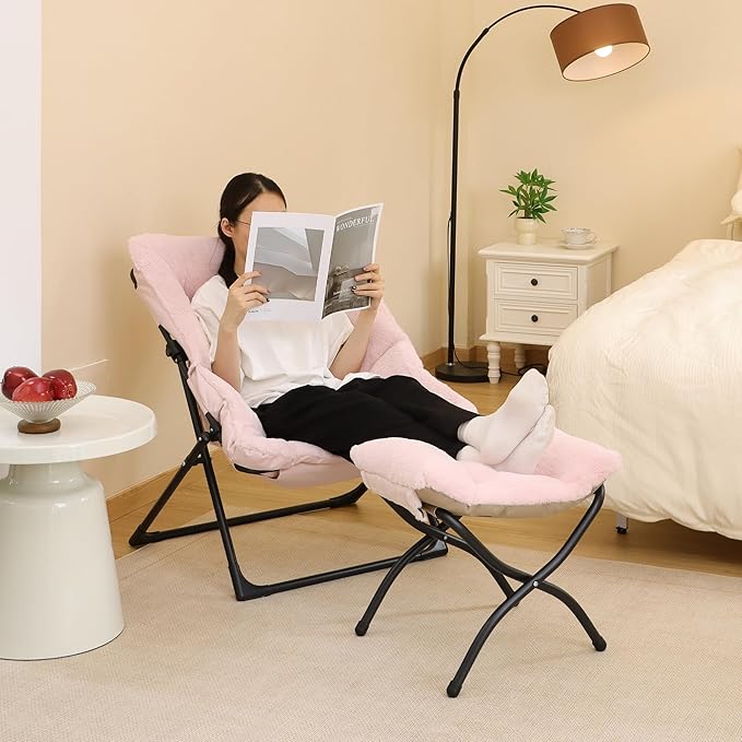 Comfy Saucer Chair for Adults, Soft Faux Fur Bedroom Chair with Ottoman, Accent Dorm Chairs, Living Room Reading Chairs and Footstool, Folding Lounge Seat for Teens, X-Large, Light Pink