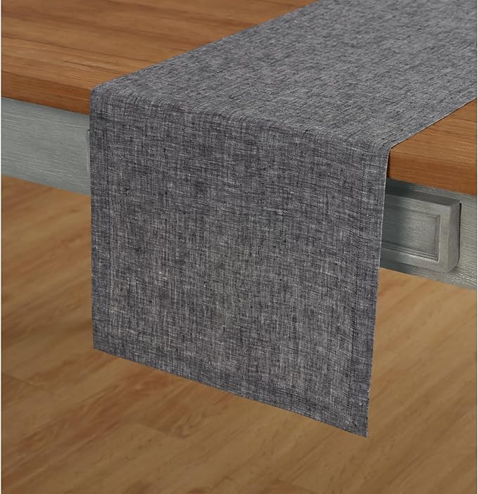 Solino Home Linen Short Table Runner 60 Inches - Athena, 100% Pure Linen Chambray Black Table Runner 14 x 60 Inch Ideal for Dresser and Coffee Tables - Halloween, Thanksgiving, Holiday