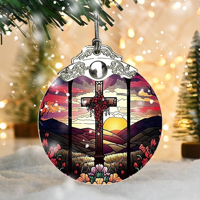 Cross Christmas Ornament - Stained Glass Holiday Decoration for Tree, Xmas Gift Idea