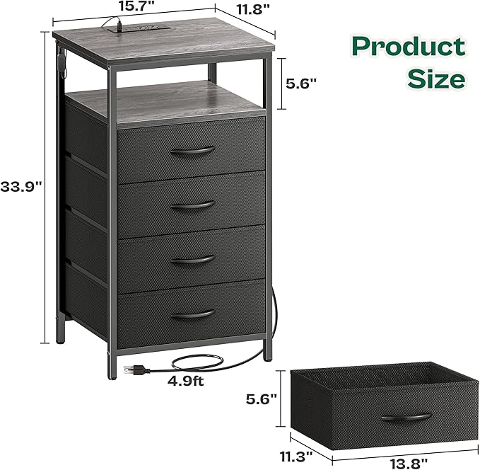 Huuger Night Stand with Charger Station and LED Lights, 4 Drawer Nightstand, Bed Side Table with Open Shelf, End Table, Fabric Dresser for Bedroom, Grey