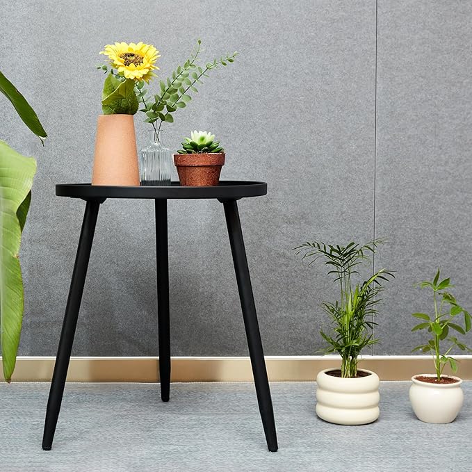Decent End/Side Tables - Small Round Accent Table, Metal Black Narrow Night Stands with 3 Legs, Ideal for Any Room-Side Tables Living Room, Bedroom, Tall Plant Stand Balcony, Indoor & Outdoor