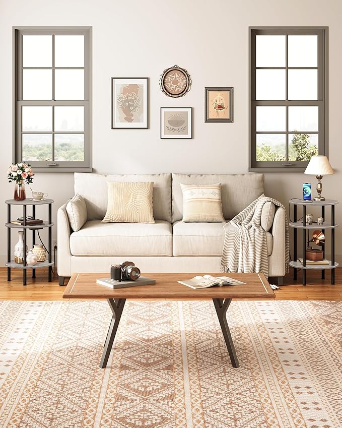 Small Round Side Table with Charging Station, Round End Accent Table, 3-Tier Sofa Side Table for Small Spaces, Nightstand for Living Room, Bedroom, Greige and Black TBZ06UFH