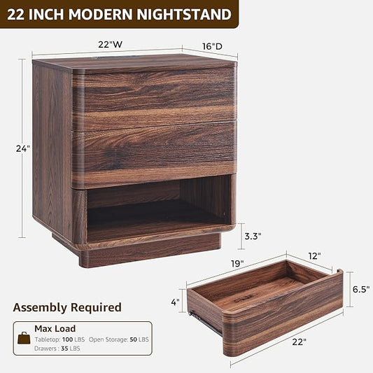 ACCOHOHO Nightstand with Charging Station, 22" Push-to-Open Bedside Table with 2 Storage Drawers, Large Modern End Table for Bedroom,Living Room,Brown