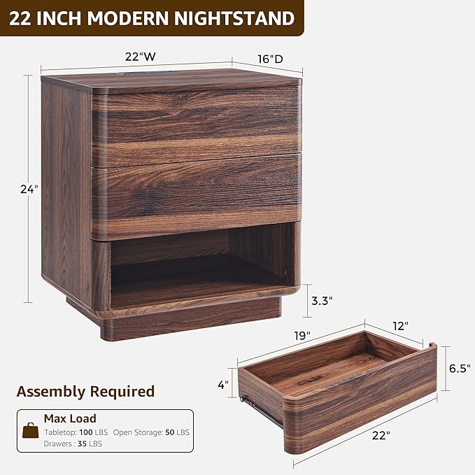 ACCOHOHO Nightstand Set of 2 with Charging Station, 22" Large Modern Bedside Table with 2 Drawers Storage,Push-to-Open End Table for Bedroom,Living Room,Brown