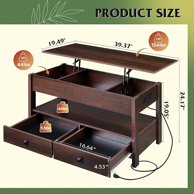 WLIVE Coffee Table, Lift Top Coffee Table with 2 Drawers, LED Light, Large Hidden Compartment and Open Shelf, Lift Tabletop, Dining Table for Living Room, Espresso