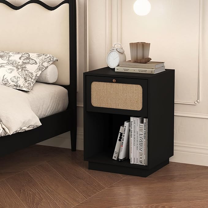 16" Nightstands Set of 2, Modern Retro Wooden Night Stands, Bed Side Table with Drawer and Open Shelf, End Table for Small Space, Linen Decor Boho Side Table for Bedroom,Dorm, Living Room (Black)