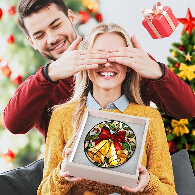 Christmas Stained Glass Window Hanging Sun Catcher, Christmas Bell Suncatcher with Red Bow for Window Ornament, Festive Wall Art Decor Gift for Women, Men (Golden Bell, 9'')