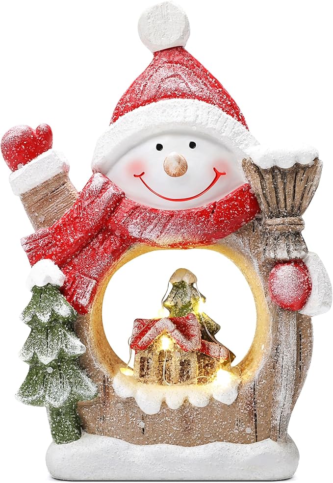 Snowman Christmas Decorations Classic Resin Snowman Figurines with LED Lights, Ideal Indoor Decorations for Home That Can be Used for Christmas Table Decor