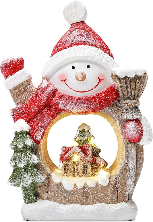 Snowman Christmas Decorations Classic Resin Snowman Figurines with LED Lights, Ideal Indoor Decorations for Home That Can be Used for Christmas Table Decor