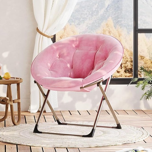 IDEALHOUSE Comfy Folding Padded Saucer Chair, Folding Circle Chair with Metal Frame, Soft Moon Chair for Bedroom, Dorm Rooms, Apartments, Lounging, Garden and Courtyard, Pink