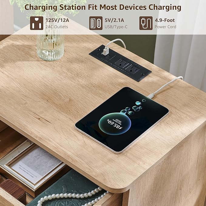 ACCOHOHO Modern Nightstand Set of 2 with Charger Station, 22" Wide Night Stand with Storage Drawer & Open Shelf, Large Bedside Table for Bedroom, Wood End Table, Curved Profile, Natural Oak