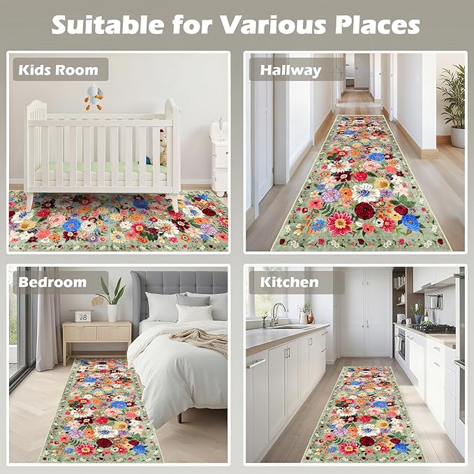 Rug for Hallways Kitchen Rug 2x8 Green, Non Slip Washable Rugs with Rubber Backing Soft Floral Carpet Runner for Hallways, Kitchen, Laundry, Bedroom, Bathroom (2 x 8, Green Garden)