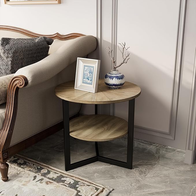 Round End Table with Storage Shelf, 25in Circel Accent Side Table with Metal Legs, 2-Tier Industrial Sofa Side Table for Living Room Bedroom, Yellowish Brown