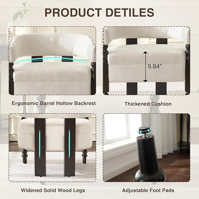 LOULENS Barrel Accent Chairs Set of 2, Vintage Chenille Upholstered Lounge Chair with Solid Wood Legs, Comfy Leisure Side Armchair for Living Room, Bedroom, Reading Nook, Corner, Beige