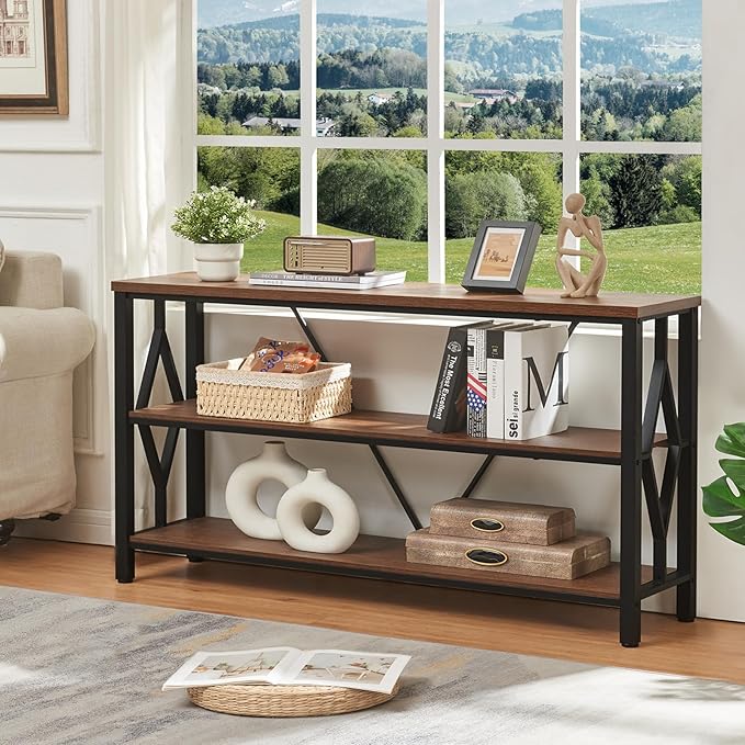 HOMISSUE Sofa Console Table, Rustic Console Table with 3-Tier Storage, Engineered Wood Sofa Tables with Open Shelves, Heavy Duty Entryway Tables for Living Room, Hallway (55 Inch, Rustic Brown)