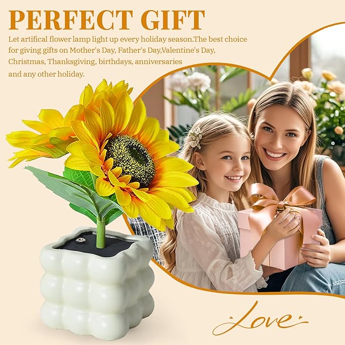 Flower Table Lamp, Touch Stepless Dimming Night Light, USB Rechargeable Small Desk Lamp, LED Sunflowers Artificial Flowers Lamp Aesthetic for Bedroom Home Decor (Sunflower-B)