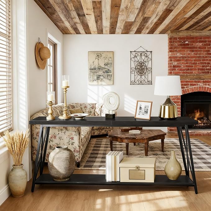 63" Solid Wood Entryway Table Narrow with Shelves, 2-Tier Storage Long Couch Table Behind Sofa Console Tables for Living Room, Entrance, Hallway, Foyer(Black,63"x9.8"x31.5")