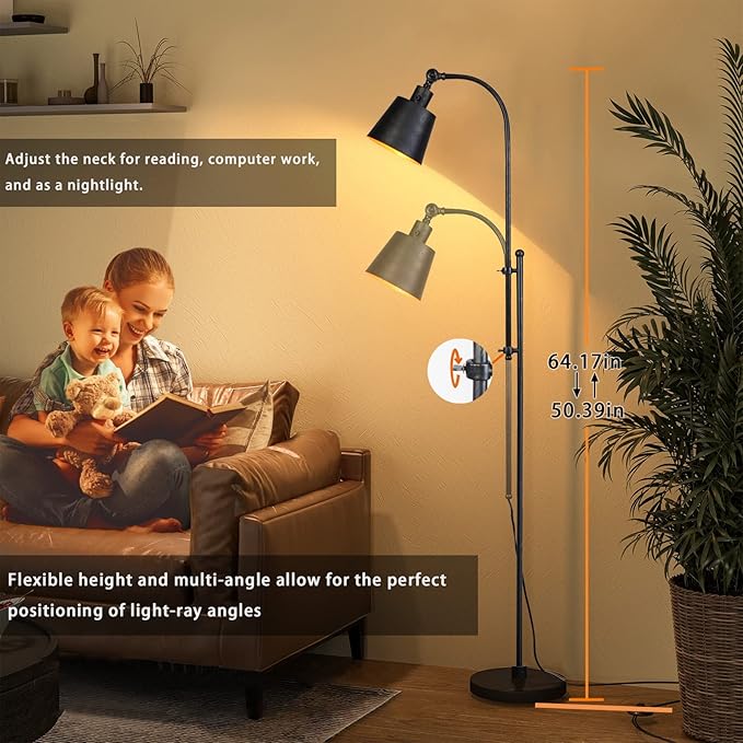 Floor Lamp, Industrial Floor Lamps for Living Rooms & Bedrooms - Rustic Farmhouse Reading Lamp Standing, Adjustable Metal Heads Indoor Task Lighting for Living Room Office Home Décor (Rustic Black)