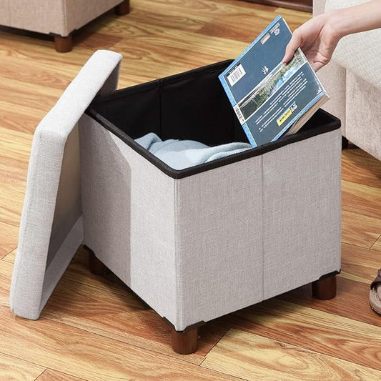 15 Inch Storage Ottoman with Wooden Legs - Cube Foot Rest Stool, Square Footstool, Comfortable Seat with Lid, Foldable Fabric Ottoman, Space-Saving White