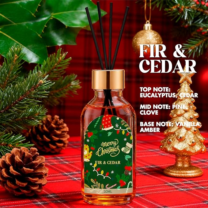 Reed Diffuser of 3 Pack, Fir & Cedar Gingerbread Delight Christmas Apple Oil Diffuser Set with 15 Sticks, Bathroom Air Freshener, Aromatherapy Reed Diffusers for Home, Office, Gift, Total 5.1 Fl. Oz