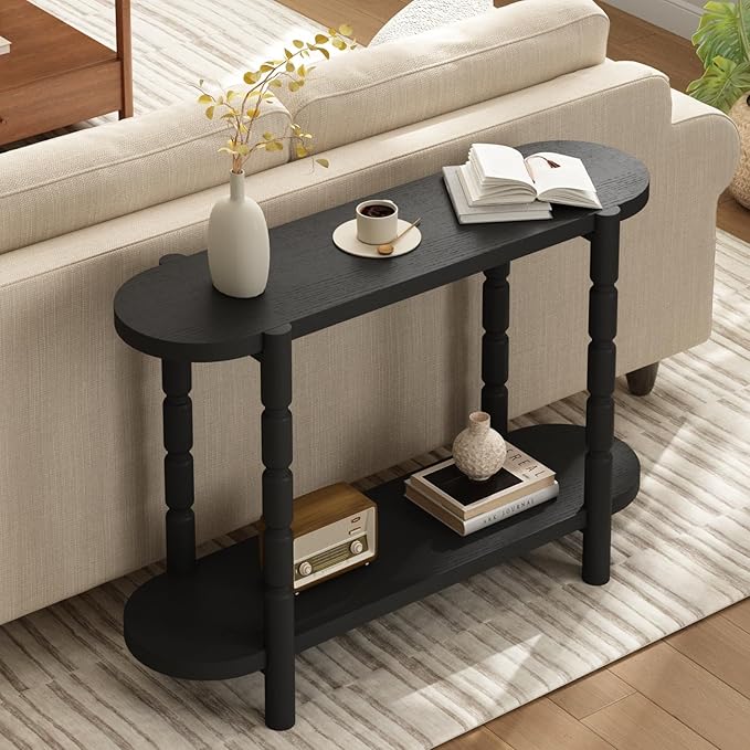 Farmhouse Entryway Table with Storage-43.4" Narrow Console Table with Solid Wood Legs, 2 Tiers Rounded Corners Sofa Tables for Living Room，Hallway, Entrance, Foyer, Black
