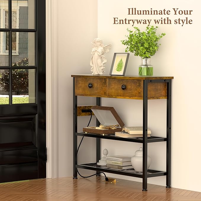 GRLEAF 32" Console Table with Outlets & USB Ports – Narrow Entryway Table with 2 Drawers and Storage Shelves, Power Strip Sofa Table for Living Room, Hallway, Kitchen, Foyer – Rustic Brown Wood Finish