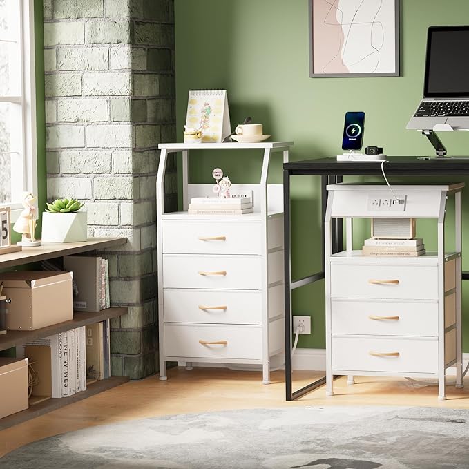 Furnulem Night Stand with Charging Station, Dresser with PVC & Fabric Drawers, 33.3 Inch Side Table with Open Shelf, Tall Bedside Table for Closet, Entryway, Bedroom Furniture, 3 Ways to Use, White