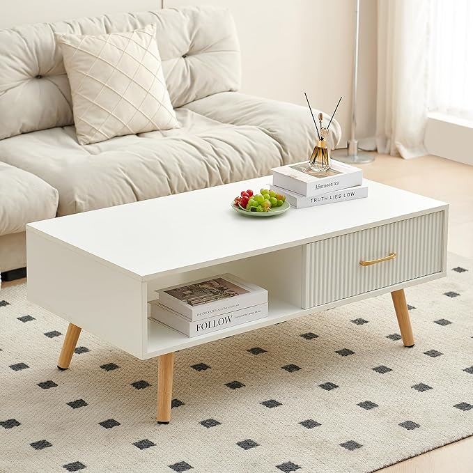 IANIYA Boho Coffee Table with Storage, Dining Table with Rattan Drawer and Solid Wood Legs, Small Center Tables for Living Room Small Space(All White)