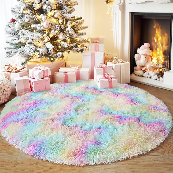 3'x3' Rainbow Round Rugs for Girls Bedroom, Ultra Soft Fluffy Circle Rug for Kids Room, Cute Small Shag Rugs for Living Room Playroom Tent Castle Home Decor Rug