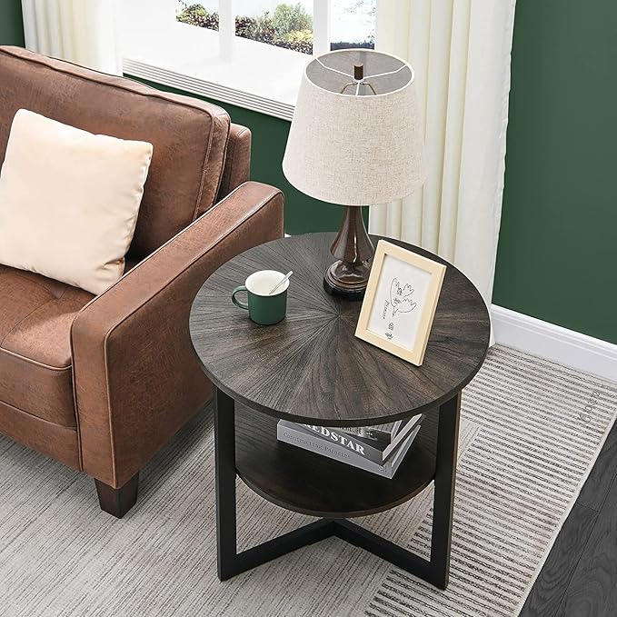 Round End Table with Storage Shelf, 25in Circel Accent Side Table with Metal Legs, 2-Tier Industrial Sofa Side Table for Living Room Bedroom, Black Brown