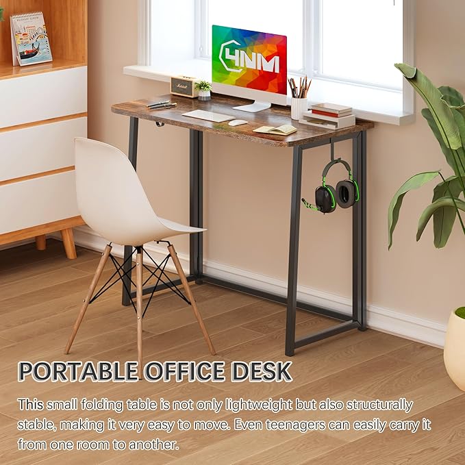 4NM 31.5" Small Folding Desk, Foldable Computer Home Office Desk, Study Writing Table for Small Space Saving Bedroom, Easy Assembly - Rustic Brown and Black