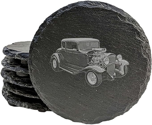 1932 Chevy Hot Rod: Laser-Etched Coasters for Gearheads - Round Slate - Set of 5