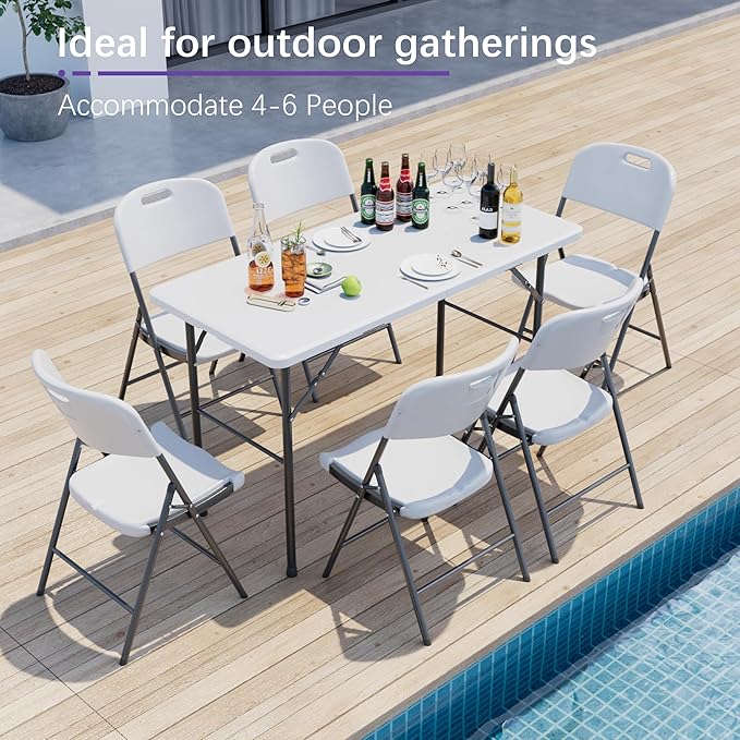 VECELO Folding Table 4 Foot with Mesh Bag, Indoor Outdoor Heavy-Duty Portable w/Handle,Fold-in-Half for Picnic, Party, Camping, White