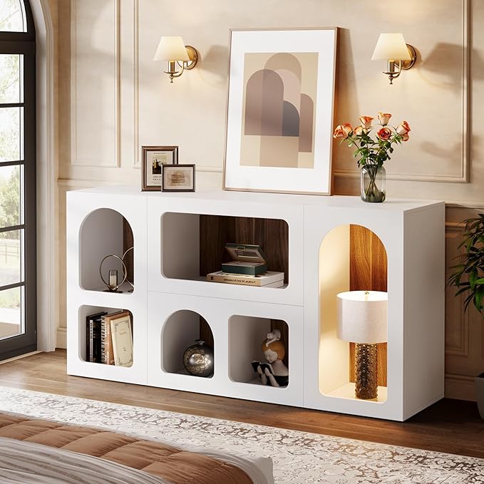 Tribesigns 59" White Console Table, Modern Entryway Table, Wooden Storage Organizer Entrance Table with 6 Compartments, Long Sofa Table, Behind Couch Table with Storage for Living Room, Hallway, Foyer