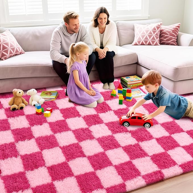 Checkered Rug for Living Room 8x10, Ultra Fluffy Fuzzy Shag Large Area Rug for Bedroom, Modern Plush Soft Upgrade Non-Slip Carpet for Kids and Girls Room Dorm Home Decor, Pink and Hot Pink
