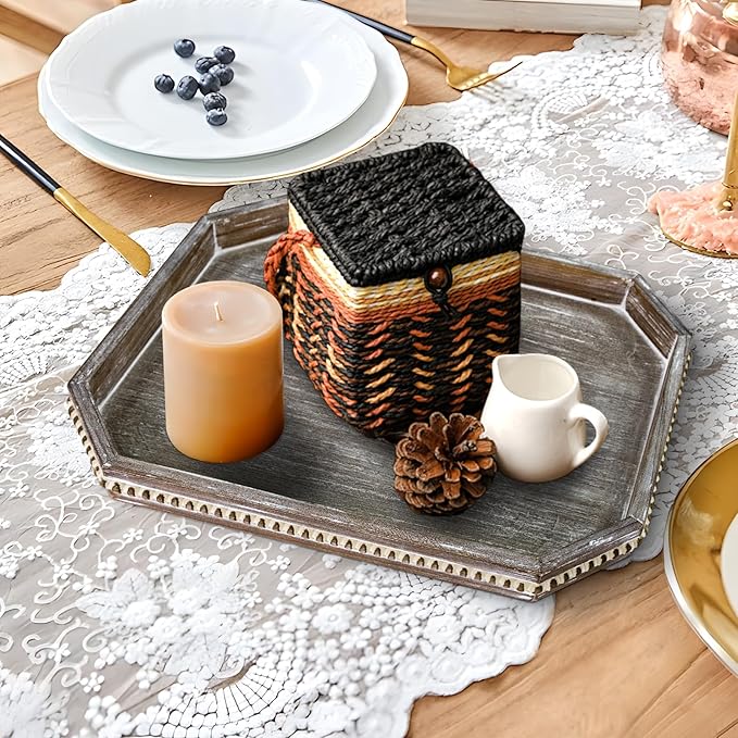 Wooden Decorative Tray, Rustic Serving Tray with Wood Bead, Farmhouse Big Tray for Ottoman, Countertop, Coffee Tabl, 16.5" x 13"x 1.6" (Retro Brown)