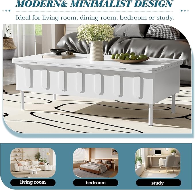 43.3-Inch Lift Top Coffee Table with Hidden Storage & 2 Drawers, Modern Multifunctional Center Table with Foldable Top for Living Room, White