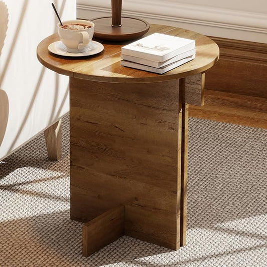 Wooden Round Side Table, Small Drink End Table, Cocktail Table, Modern Accent Night Stand with Wooden Base, Plants Stand for Living Room/Bedroom, Corners, Office, Small Space, Natural Retro