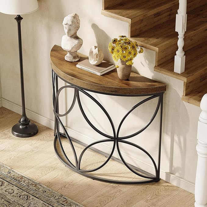Little Tree 43.3-Inch Console Table with Floral Design, Small Sofa Table Behind Couch, Foyer Table for Living Room (Vintage Brown + Black)