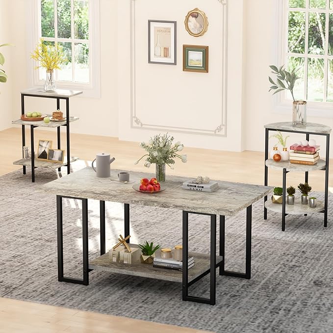 AWQM Faux Marble Table Set, Coffee Table & 2 Side Table, Faux Marble Tabletop and Metal Frame, 3 PieceTable Sets, for Living Room Apartment, Grey