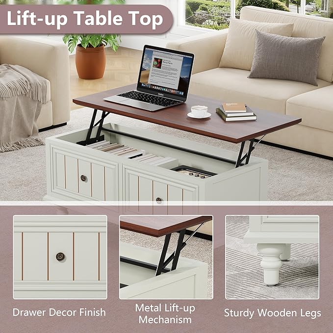 Lift Top Coffee Table for Hidden Compartment, 39" Wood Rectangular Center Table with Lift Tabletop, Sturdy Space-Saving Dining Table for Living Room Home Office Small Space (Beige)
