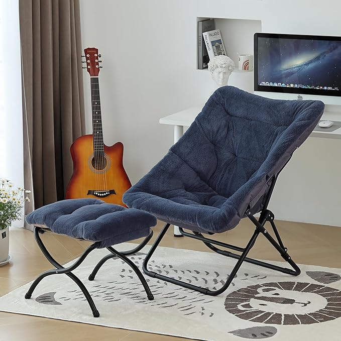 Comfy Folded Chair with Ottoman, Oversized Folding Faux Fur Chair Soft Furry Lounge Lazy Chair with Metal Frame Moon Chair Accent Chair for Bedroom, Living Room, Dorm Rooms