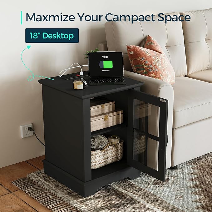 LINSY HOME End Table with Charging Station, Modern Side Table with Storage Cabinet and Adjustable Shelf, Small Sofa Table for Living Room, Home Office, Black